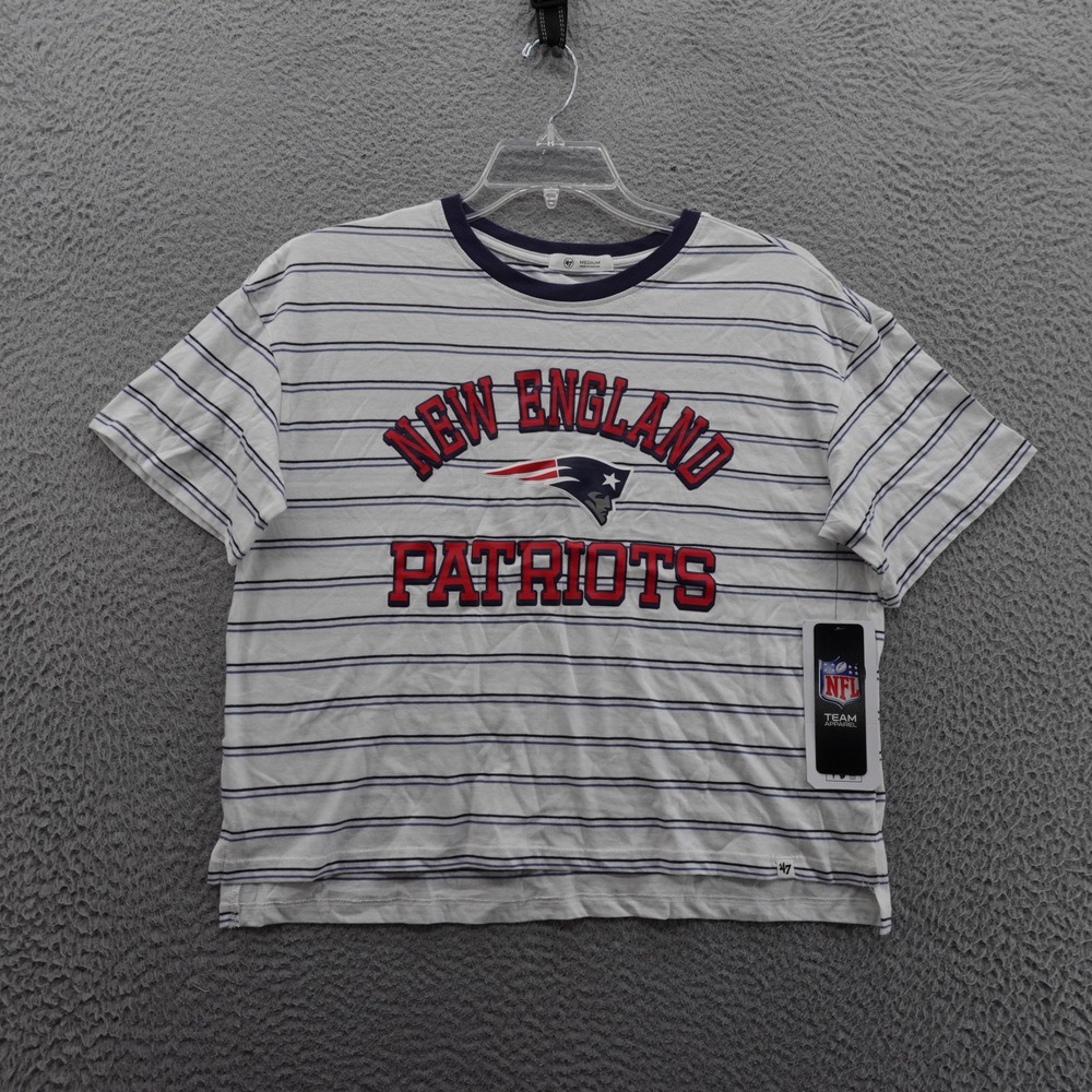 47 Brand Patriots Striped T Shirt Womens Medium White Blue NFL Team Apparel NWT